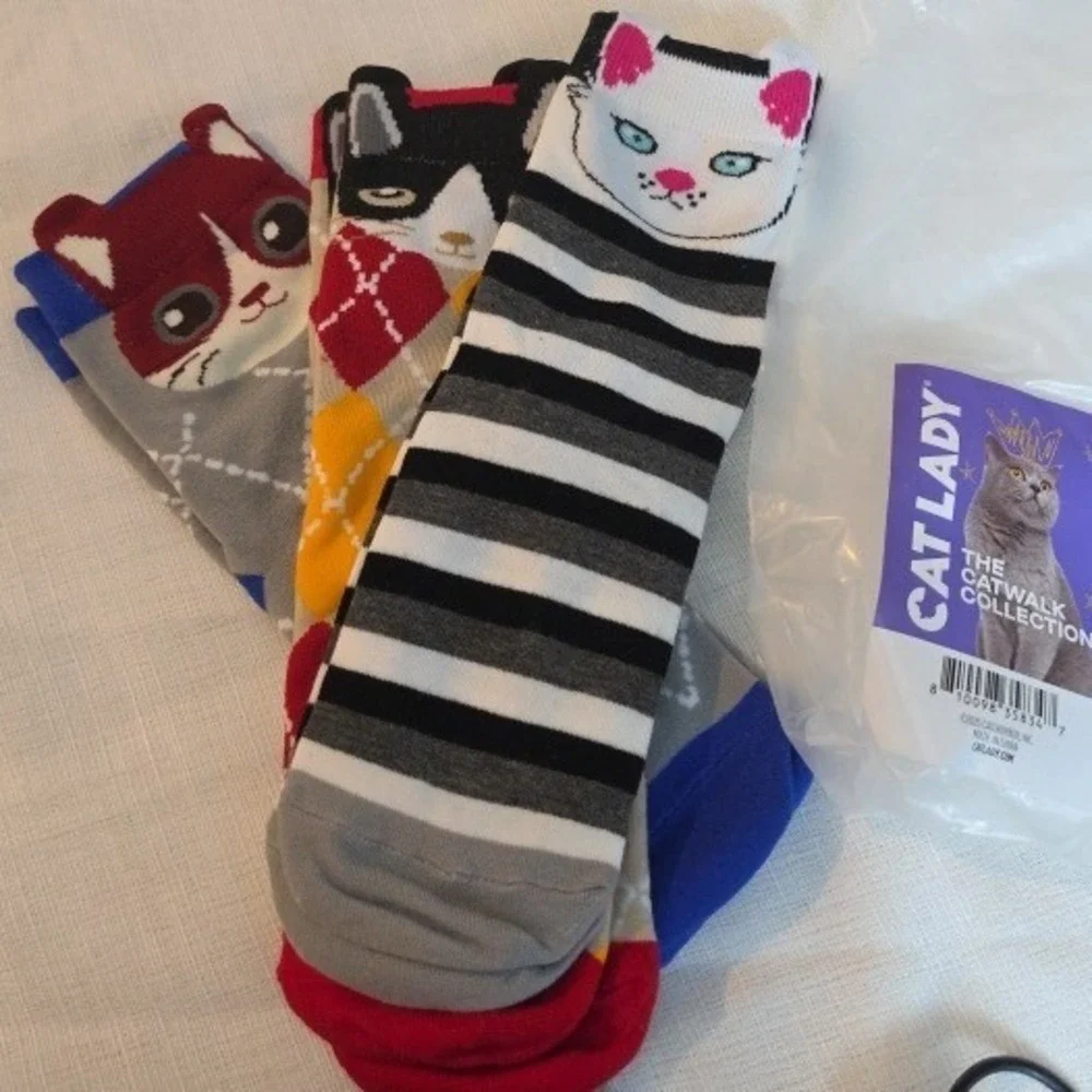 Cat Lady The Catwalk Collection Crew Socks 3 Pack Multicolored Feline Designs